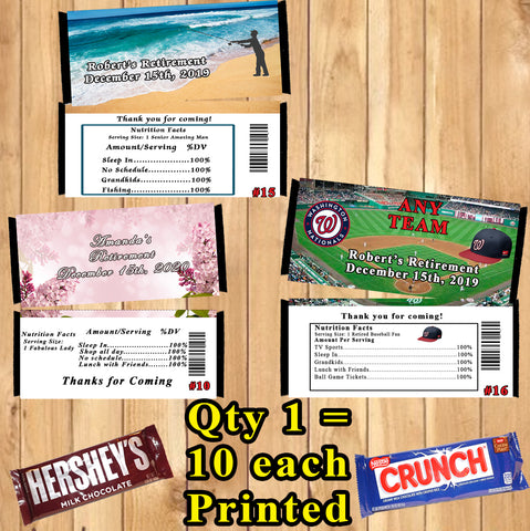 Retirement Party Favor Printed Candy Bar Wrappers 10 ea Personalized Custom Made