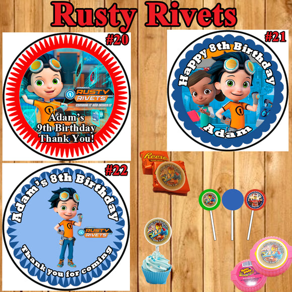 Rusty Rivets Birthday Round Stickers Printed 1 Sheet Cup Cake Toppers Favor Stickers Personalized Custom Made