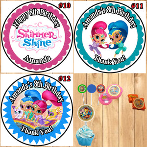 Shimmer & Shine Birthday Round Stickers Printed 1 Sheet Cup Cake Toppers Favor Stickers Personalized Custom Made