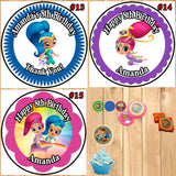 Shimmer & Shine Birthday Round Stickers Printed 1 Sheet Cup Cake Toppers Favor Stickers Personalized Custom Made