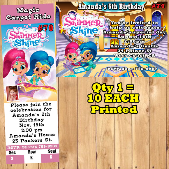 Shimmer & Shine Birthday Invitations Printed 10 ea with Env Personalized Custom Made