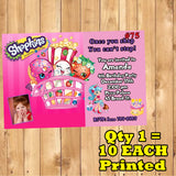 Shopkins Birthday Invitations 10 each Printed Personalized with Envelopes Custom Made