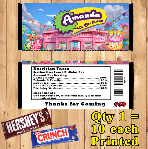 Shopkins Printed Birthday Candy Bar Wrappers 10 ea Personalized Custom Made