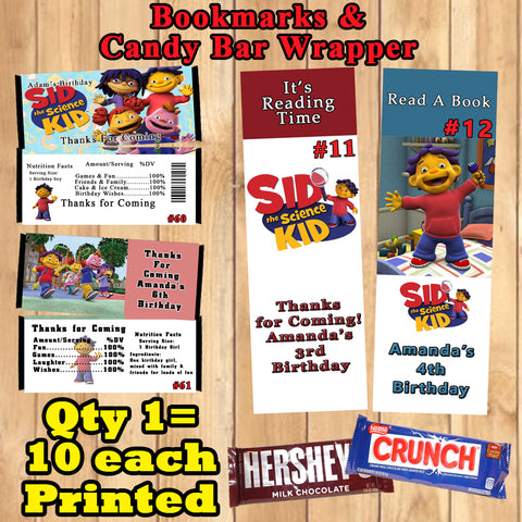 Sid The Science Kid Printed Birthday Candy Bar Wrappers 10 ea or Bookmarks 10 ea Personalized Custom Made