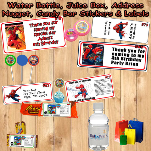 Spiderman Printed Birthday Stickers Water Bottle Address Favor Labels Personalized Custom Made