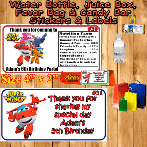 Super Wings Printed Birthday Stickers Water Bottle Popcorn Favor Labels Personalized Custom Made