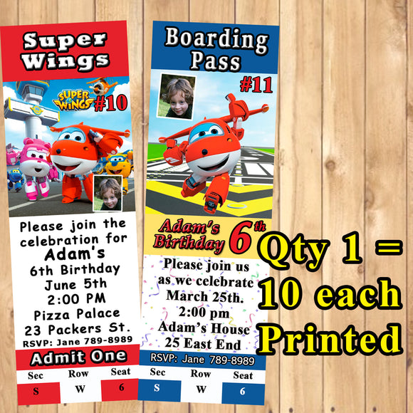 Super Wings Birthday Invitations 10 each Printed Personalized with Envelopes Custom Made