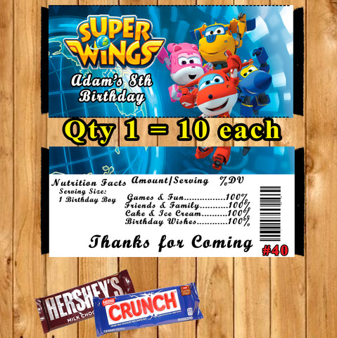 Super Wings Printed Birthday Candy Bar Wrappers 10 ea Personalized Custom Made