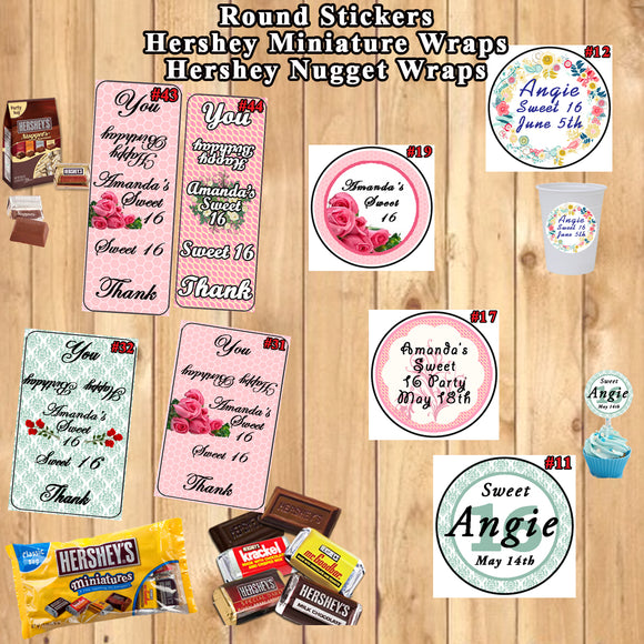 Sweet Sixteen Birthday Round Stickers Printed 1 Sheet Cup Cake Toppers Favor Stickers Hershey Nugget & Miniature Wraps Personalized Custom Made