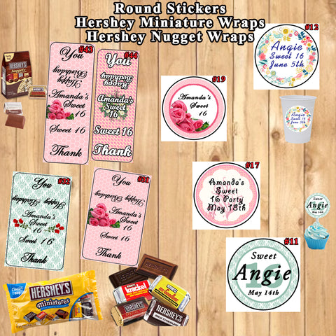 Sweet Sixteen Birthday Round Stickers Printed 1 Sheet Cup Cake Toppers Favor Stickers Hershey Nugget & Miniature Wraps Personalized Custom Made