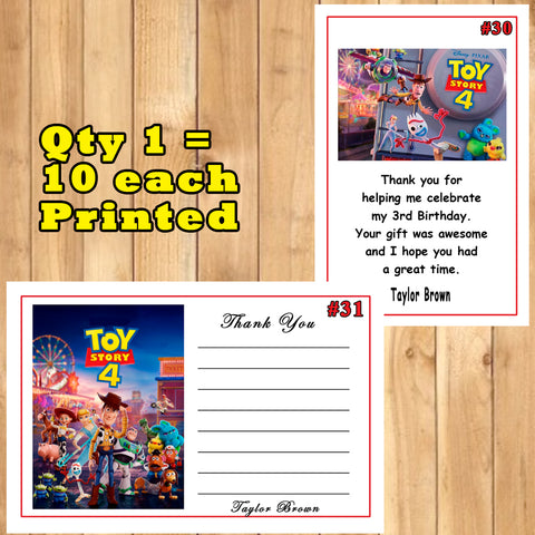 Toy Story 4 Birthday Thank You Cards 10 each With or Without Env Printed Personalized Custom Made