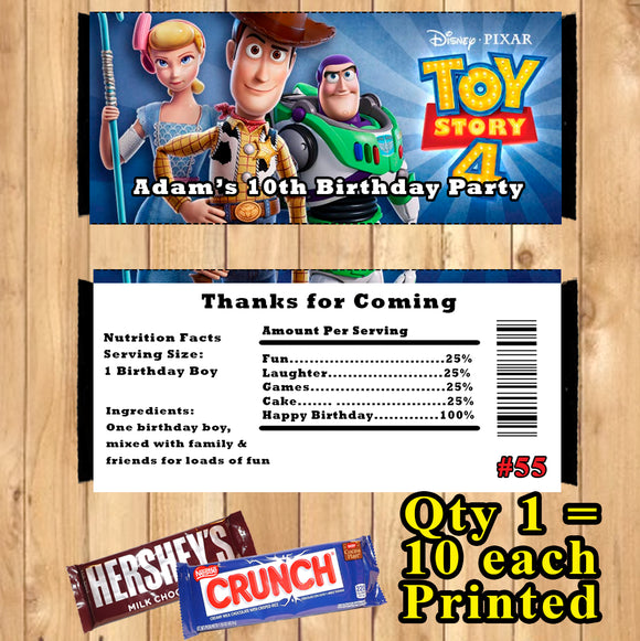 Toy Story 4 Printed Birthday Candy Bar Wrappers 10 ea Personalized Custom Made