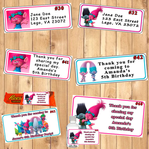 Trolls Printed Birthday Stickers Water Bottle Address Favor Labels Personalized Custom Made