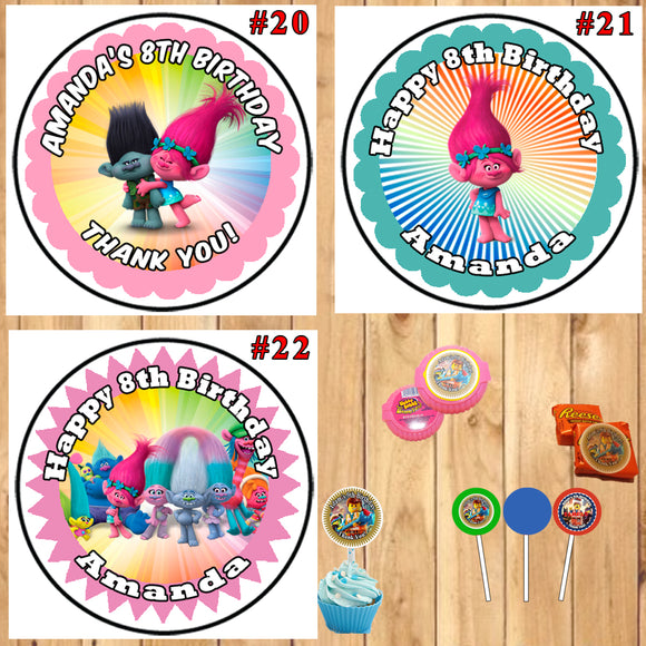 Trolls Birthday Round Stickers Printed 1 Sheet Cup Cake Toppers Favor Stickers Personalized Custom Made