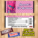 Trolls Printed Birthday Candy Bar Wrappers 10 ea Personalized Custom Made