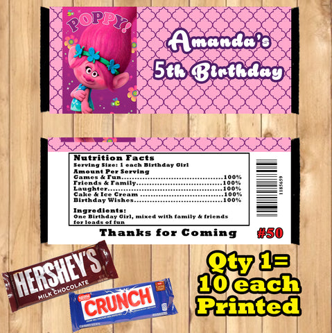 Trolls Printed Birthday Candy Bar Wrappers 10 ea Personalized Custom Made