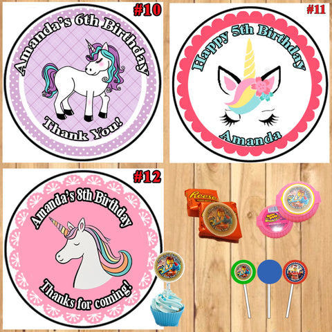 Unicorn Birthday Round Stickers Printed 1 Sheet Cup Cake Toppers Favor Stickers Personalized Custom Made
