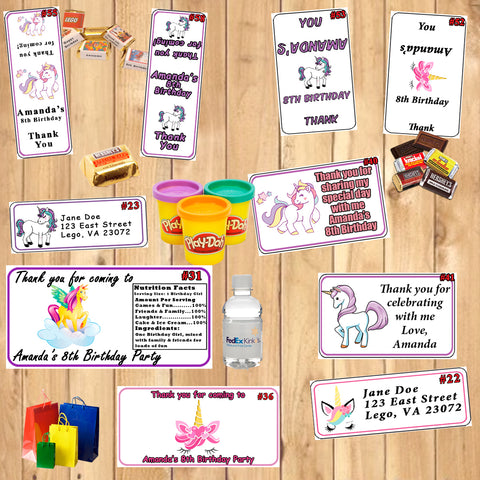 Unicorn Printed Birthday Stickers Water Bottle Address Favor Labels Hershey Nugget & Miniature Wraps Personalized Custom Made