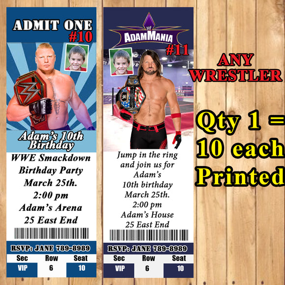 WWE Wrestling & UFC Birthday Invitations 10 each Printed Personalized with Envelopes Custom Made
